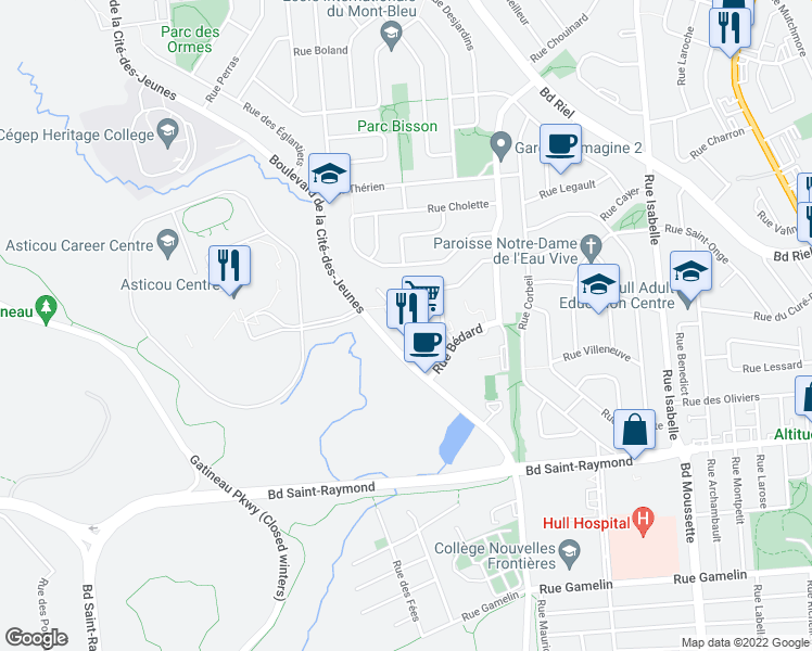 map of restaurants, bars, coffee shops, grocery stores, and more near 188 Rue Doucet in Gatineau