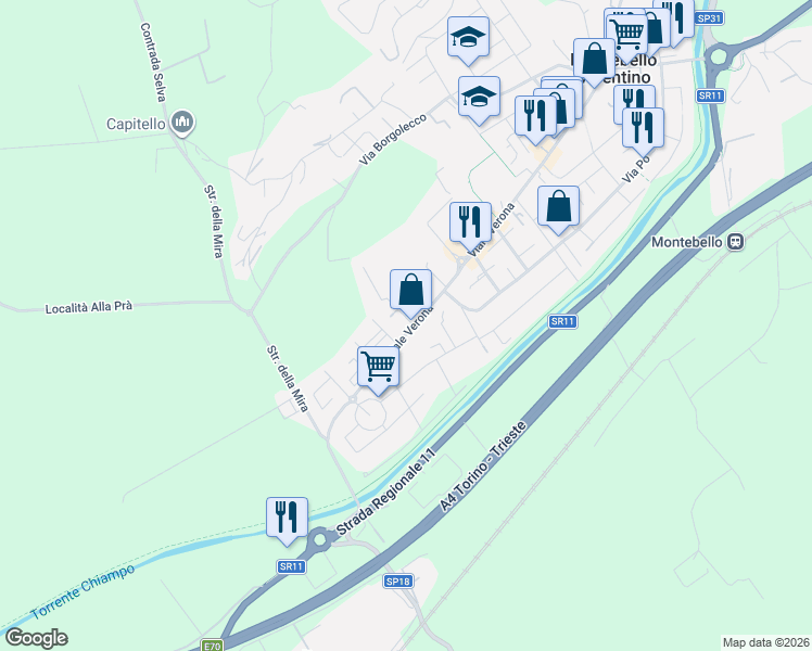 map of restaurants, bars, coffee shops, grocery stores, and more near 10 Viale Verona in Montebello Vicentino