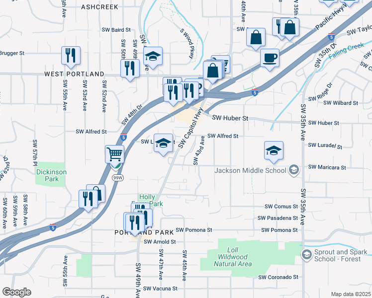 map of restaurants, bars, coffee shops, grocery stores, and more near 4436 Southwest Alfred Street in Portland