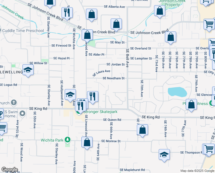 map of restaurants, bars, coffee shops, grocery stores, and more near 9993 Southeast 65th Avenue in Portland