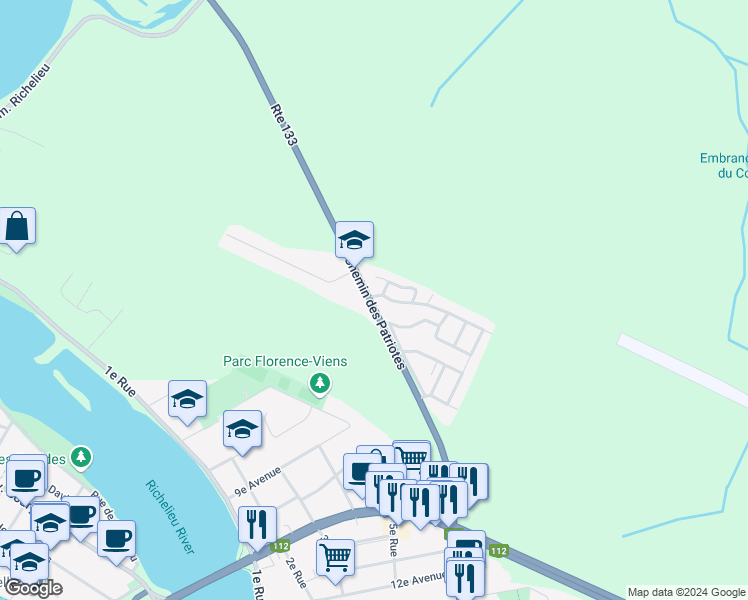 map of restaurants, bars, coffee shops, grocery stores, and more near 56 Chemin des Patriotes in Rouville