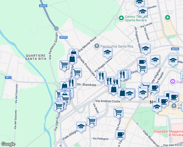 map of restaurants, bars, coffee shops, grocery stores, and more near 3 Via Valsesia in Novara