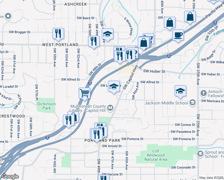 map of restaurants, bars, coffee shops, grocery stores, and more near 4718 Southwest Luradel Street in Portland