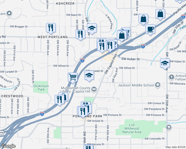 map of restaurants, bars, coffee shops, grocery stores, and more near 4718 Southwest Luradel Street in Portland