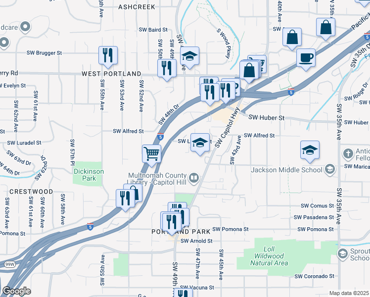 map of restaurants, bars, coffee shops, grocery stores, and more near 4718 Southwest Luradel Street in Portland