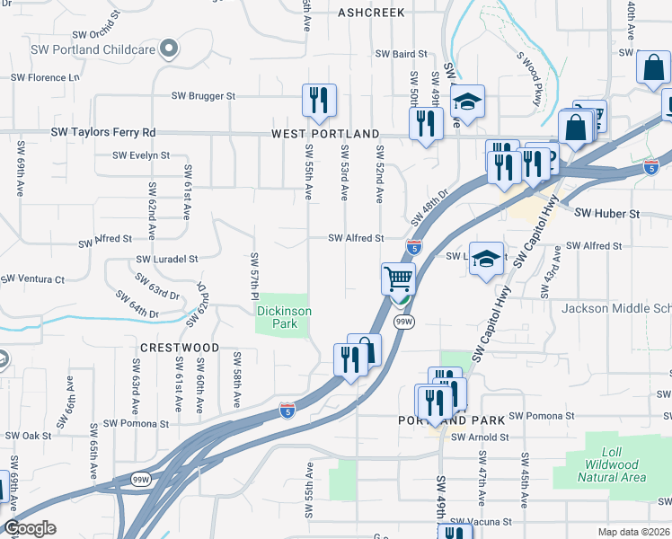 map of restaurants, bars, coffee shops, grocery stores, and more near 10440 Southwest 53rd Avenue in Portland