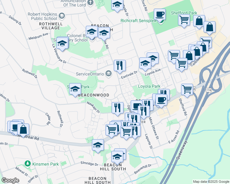 map of restaurants, bars, coffee shops, grocery stores, and more near 1637 Locksley Lane in Ottawa