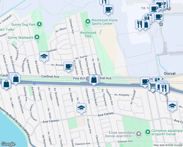 map of restaurants, bars, coffee shops, grocery stores, and more near 1560 Place Anchorage in Dorval