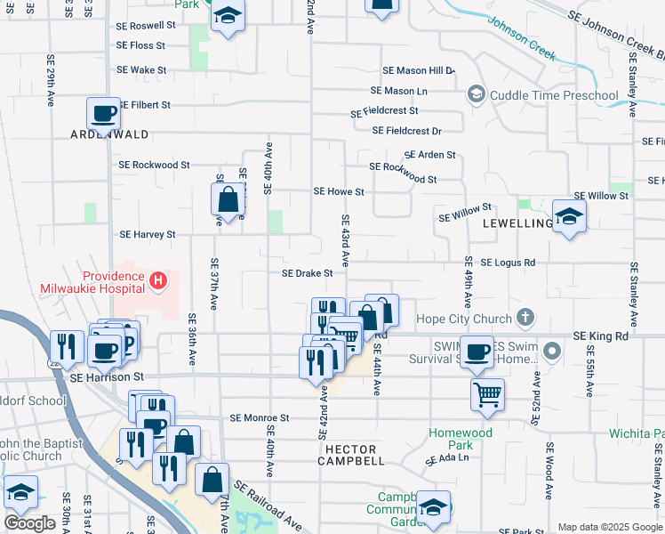 map of restaurants, bars, coffee shops, grocery stores, and more near 4220 Southeast Drake Street in Milwaukie