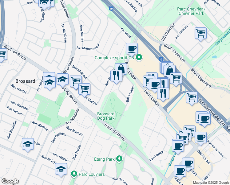 map of restaurants, bars, coffee shops, grocery stores, and more near 7455 Rue Lautrec in Brossard