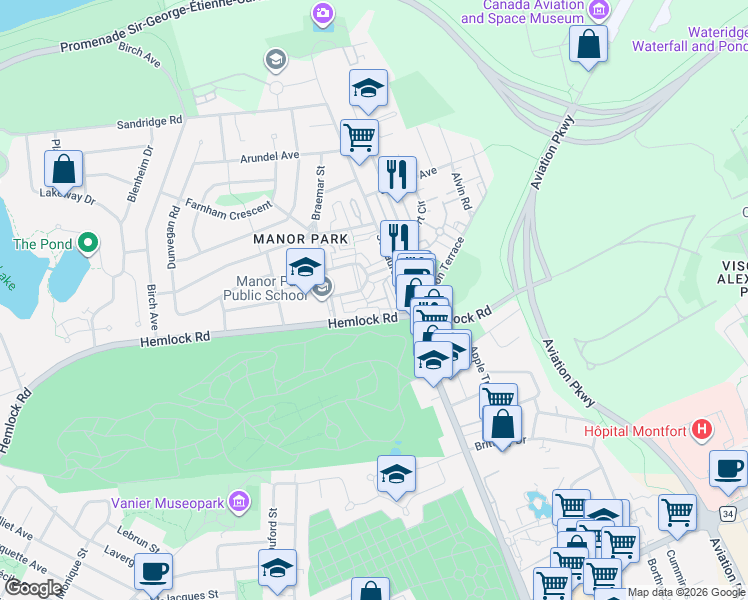 map of restaurants, bars, coffee shops, grocery stores, and more near 318 Saint Laurent Boulevard in Ottawa