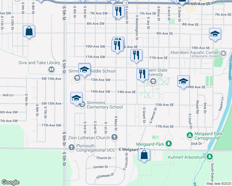 map of restaurants, bars, coffee shops, grocery stores, and more near 1408 South Main Street in Aberdeen