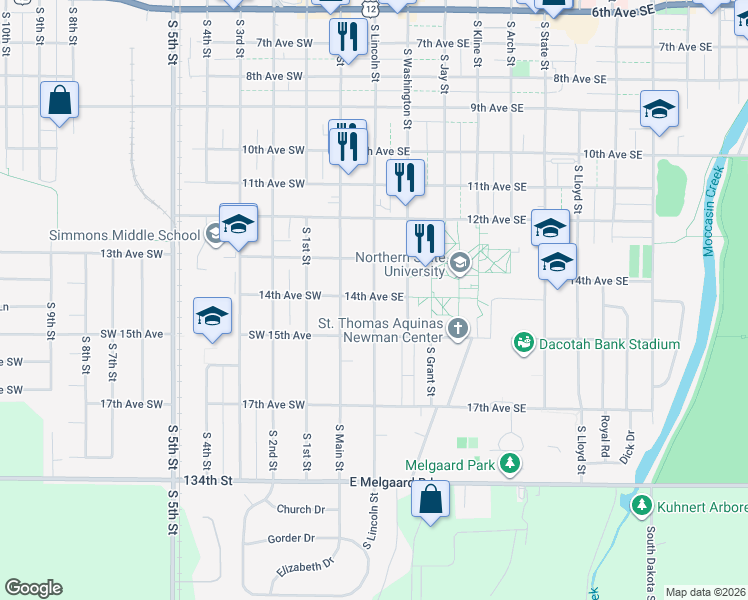 map of restaurants, bars, coffee shops, grocery stores, and more near 1408 South Lincoln Street in Aberdeen