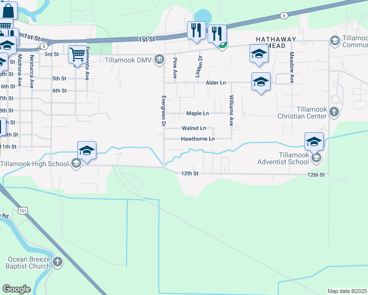 map of restaurants, bars, coffee shops, grocery stores, and more near 3416 Domingo Ct in Tillamook