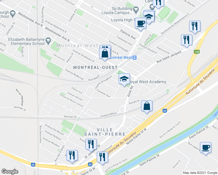 map of restaurants, bars, coffee shops, grocery stores, and more near 28 Avenue Campbell in Montréal-Ouest