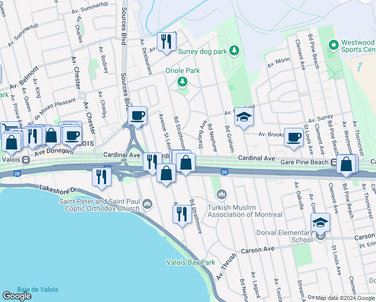 map of restaurants, bars, coffee shops, grocery stores, and more near 503 Boulevard Strathmore in Dorval