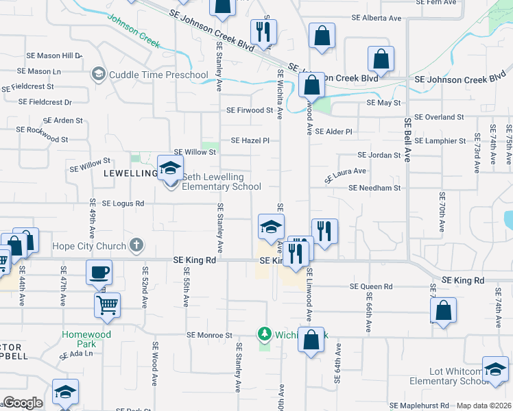 map of restaurants, bars, coffee shops, grocery stores, and more near 10002 Southeast Hollywood Avenue in Milwaukie