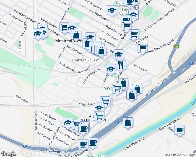 map of restaurants, bars, coffee shops, grocery stores, and more near 28 Avenue Campbell in Montréal-Ouest