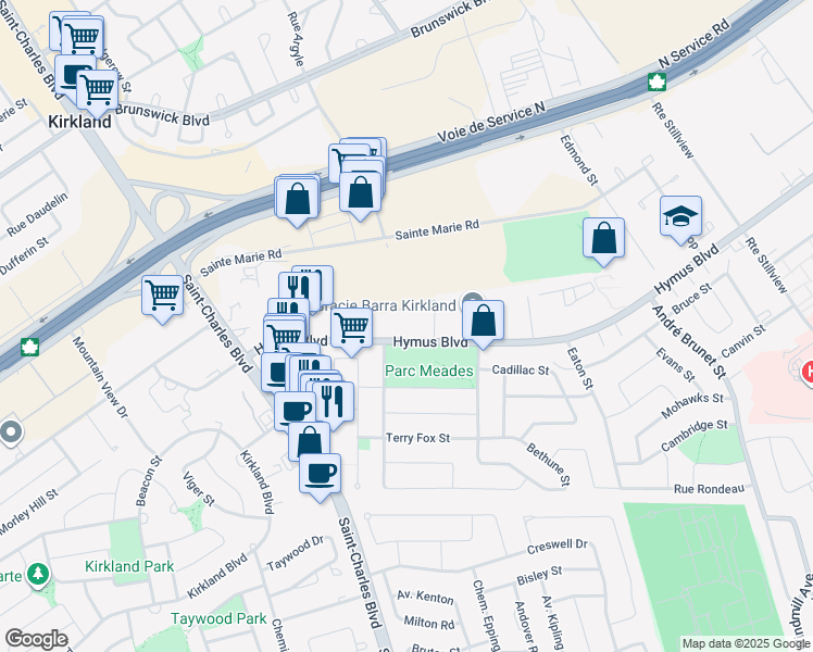 map of restaurants, bars, coffee shops, grocery stores, and more near 16837-16867 Hymus Boulevard in Kirkland