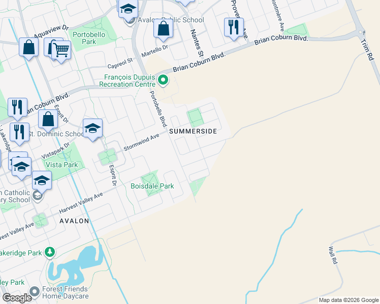 map of restaurants, bars, coffee shops, grocery stores, and more near Sunlit Circle in Ottawa