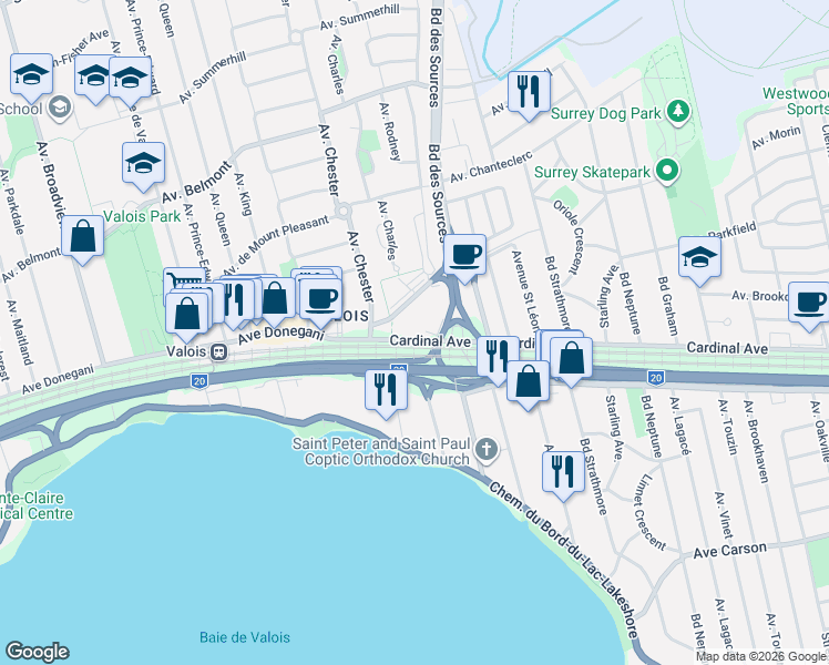 map of restaurants, bars, coffee shops, grocery stores, and more near 10 Avenue Donegani in Montreal