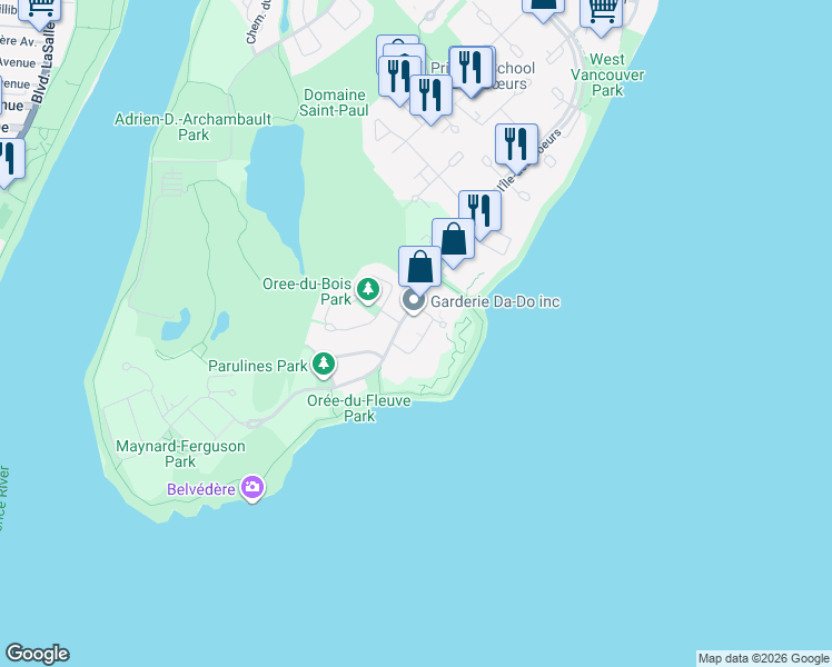 map of restaurants, bars, coffee shops, grocery stores, and more near 4 Place des Jardins des Vosges in Montreal
