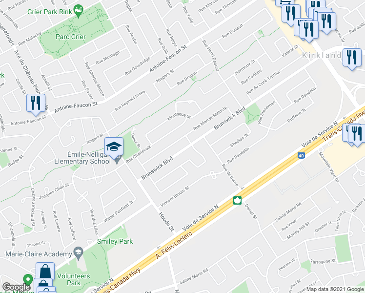 map of restaurants, bars, coffee shops, grocery stores, and more near 17273 Boulevard Brunswick in Kirkland