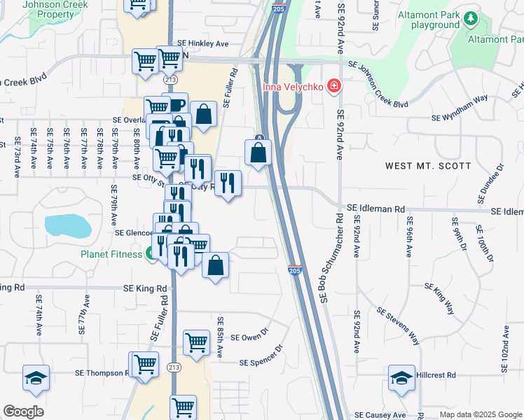 map of restaurants, bars, coffee shops, grocery stores, and more near 8810 Southeast Otty Road in Happy Valley