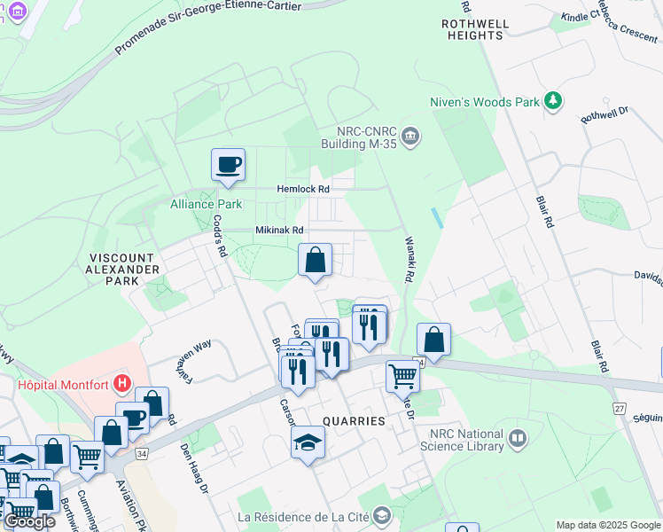map of restaurants, bars, coffee shops, grocery stores, and more near 211 Provender Avenue in Ottawa