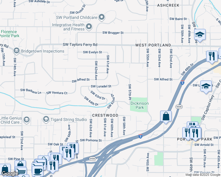 map of restaurants, bars, coffee shops, grocery stores, and more near 6020 Southwest Luradel Street in Portland