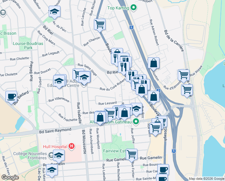 map of restaurants, bars, coffee shops, grocery stores, and more near 20 Rue du Curé-Robert in Gatineau
