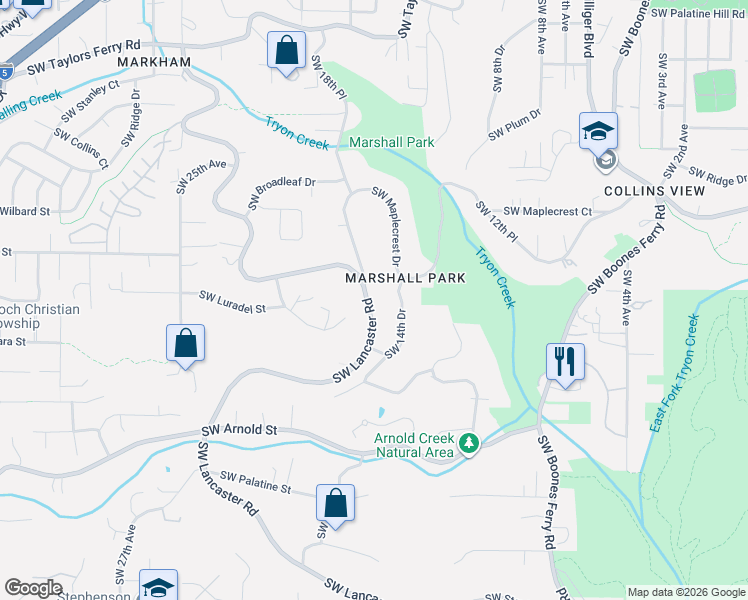 map of restaurants, bars, coffee shops, grocery stores, and more near 10332 Southwest Lancaster Road in Portland