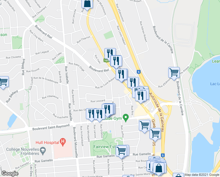 map of restaurants, bars, coffee shops, grocery stores, and more near 183 Rue Richer in Gatineau