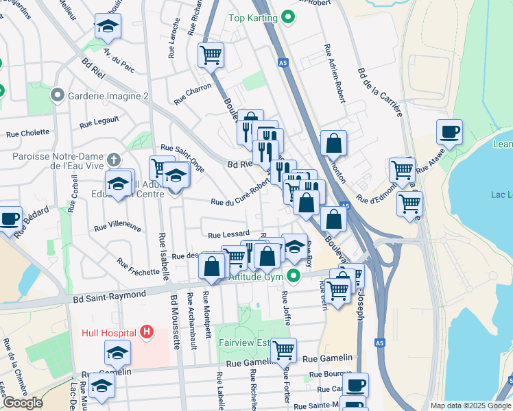 map of restaurants, bars, coffee shops, grocery stores, and more near 183 Rue Richer in Gatineau