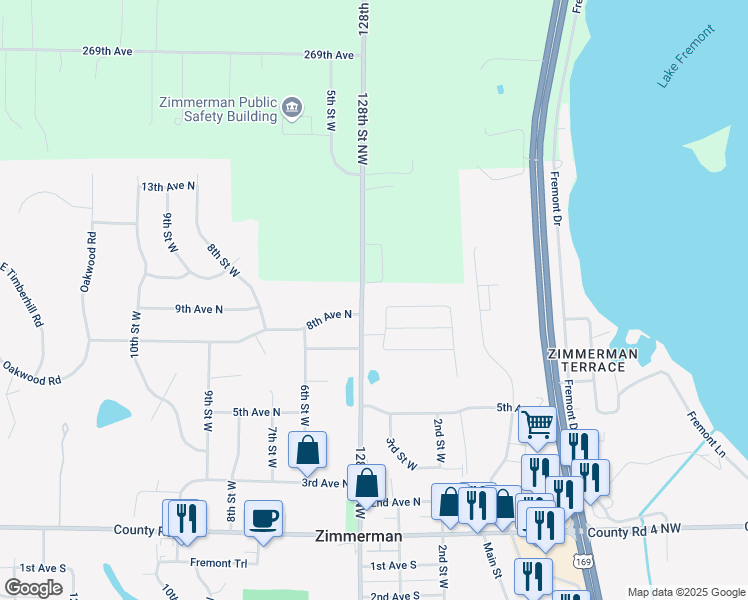 map of restaurants, bars, coffee shops, grocery stores, and more near 700 Goldfinch Lane in Zimmerman