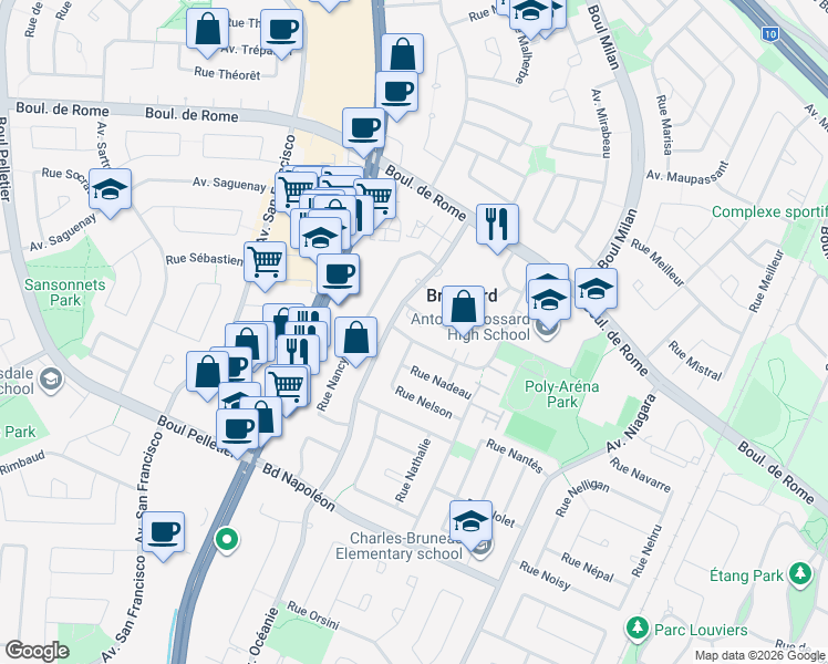 map of restaurants, bars, coffee shops, grocery stores, and more near 2440 Avenue Neuville in Brossard