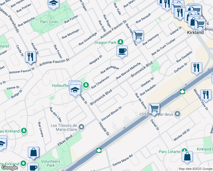 map of restaurants, bars, coffee shops, grocery stores, and more near 65 Rue Marcel Meloche in Kirkland