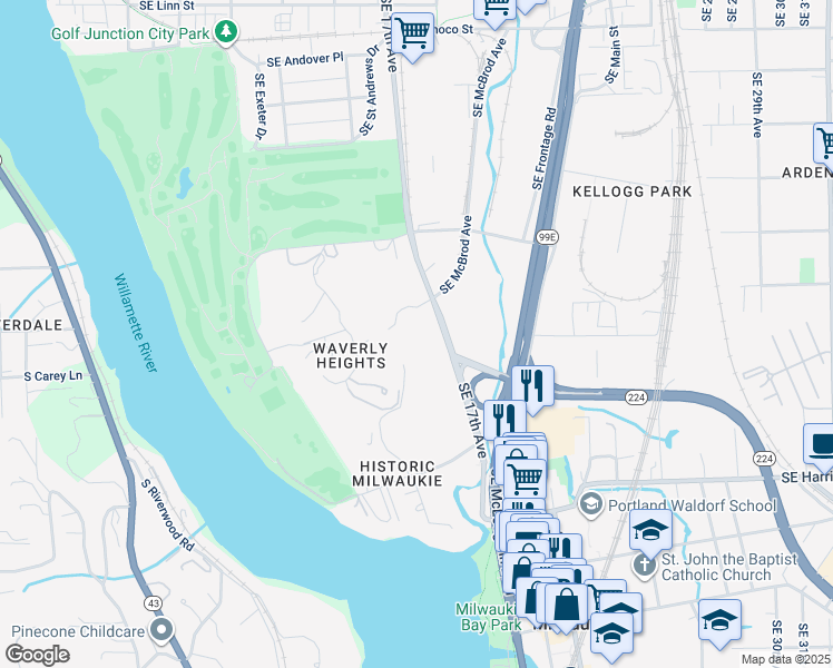 map of restaurants, bars, coffee shops, grocery stores, and more near 10030 Southeast Waverly Court in Milwaukie