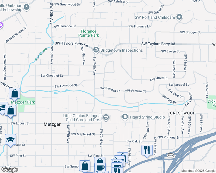 map of restaurants, bars, coffee shops, grocery stores, and more near 7173 Southwest Barbara Lane in Tigard