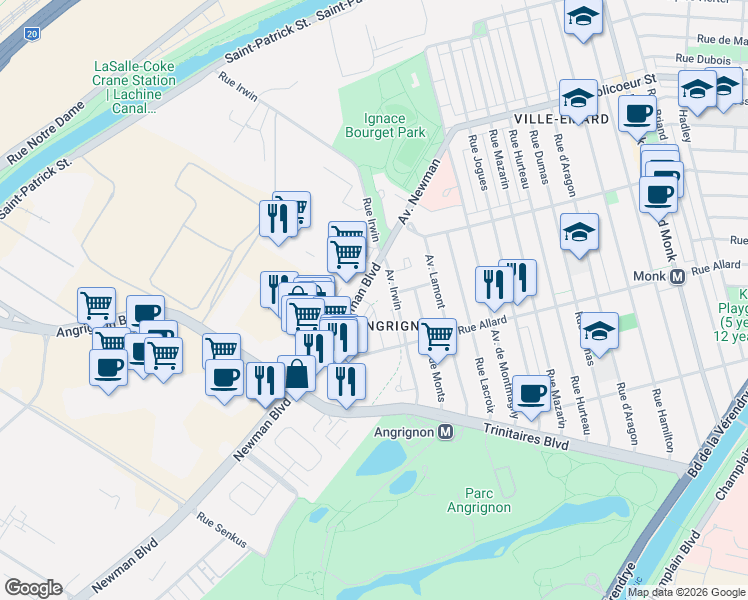 map of restaurants, bars, coffee shops, grocery stores, and more near 1801 Rue Viola-Desmond in Montrã©Al