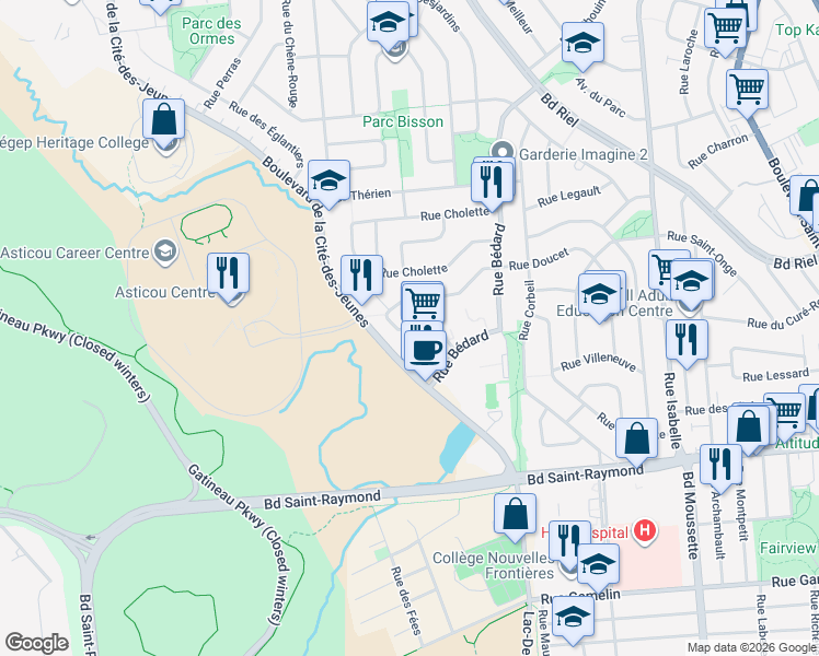 map of restaurants, bars, coffee shops, grocery stores, and more near 192 Rue Doucet in Gatineau