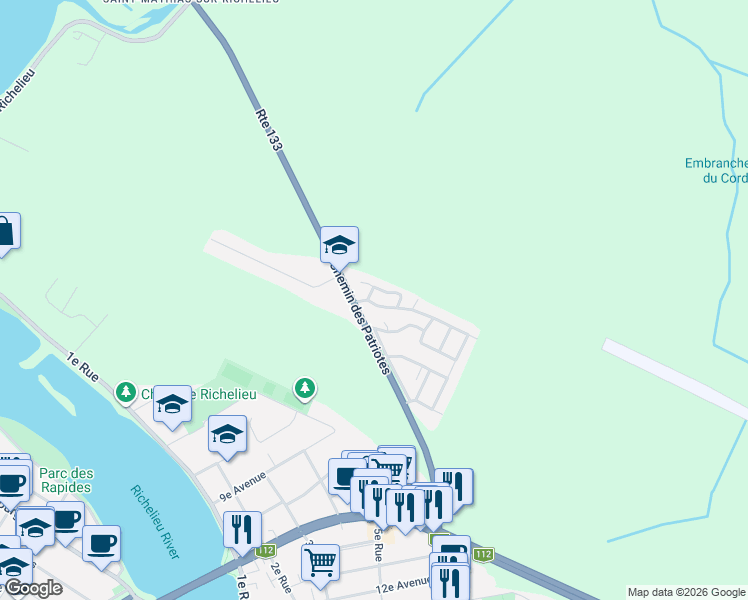 map of restaurants, bars, coffee shops, grocery stores, and more near 56 Chemin des Patriotes in Rouville