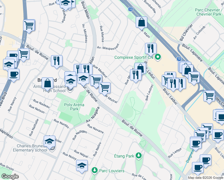map of restaurants, bars, coffee shops, grocery stores, and more near 3279 Rue de Miquelon in Brossard