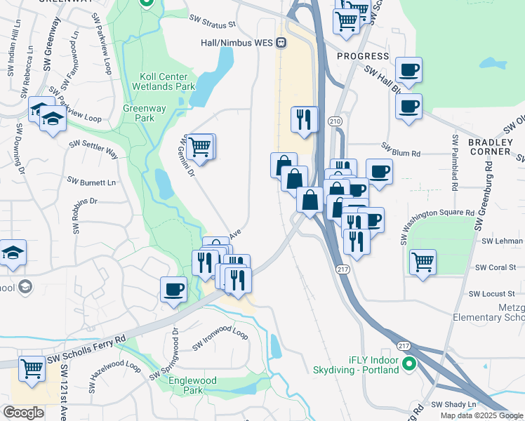 map of restaurants, bars, coffee shops, grocery stores, and more near 9600 Southwest Nimbus Avenue in Beaverton