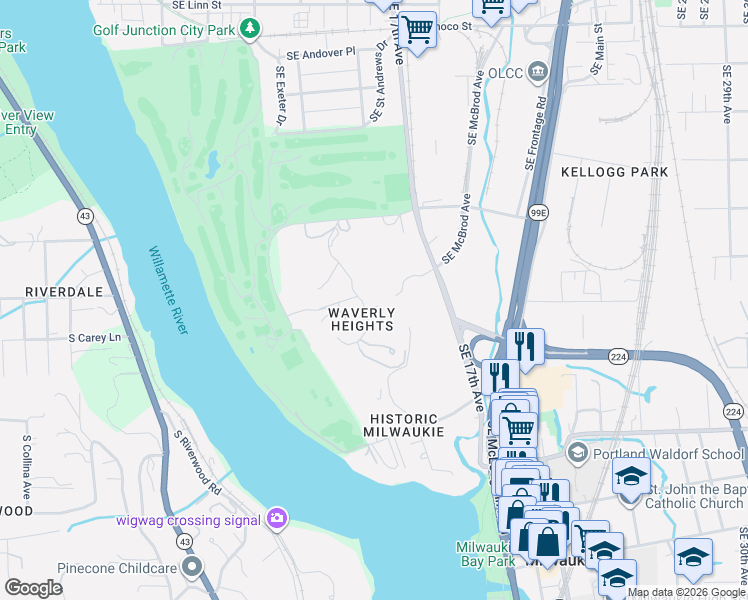 map of restaurants, bars, coffee shops, grocery stores, and more near 10000 Southeast Cambridge Lane in Milwaukie