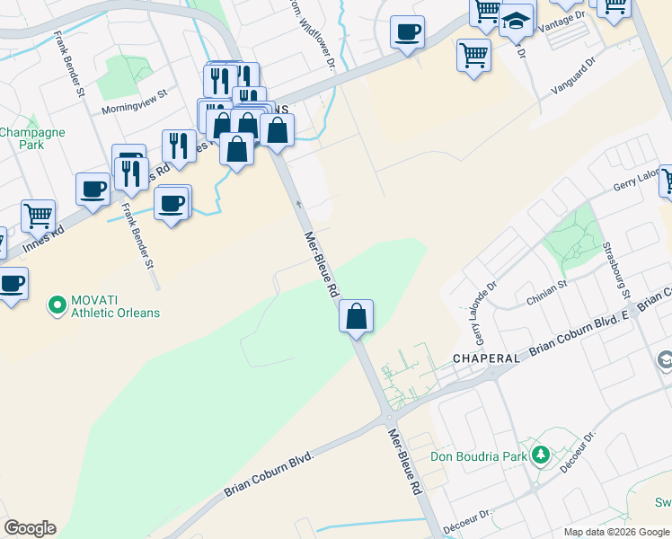 map of restaurants, bars, coffee shops, grocery stores, and more near 2147 Mer-Bleue Road in Ottawa