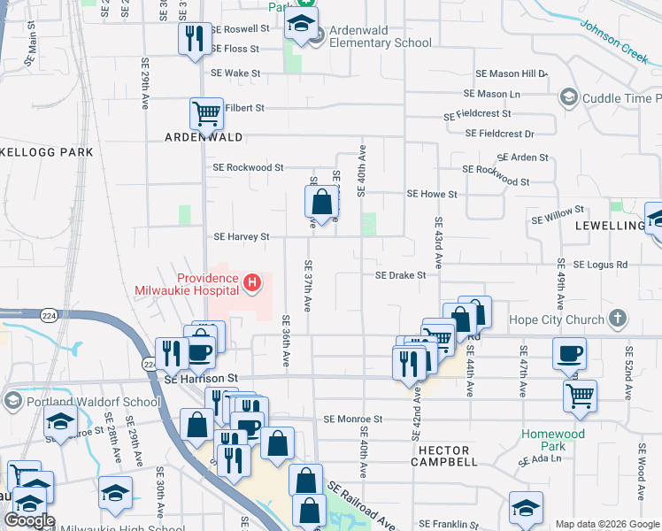 map of restaurants, bars, coffee shops, grocery stores, and more near 3745 Southeast Drake Street in Milwaukie