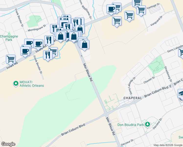 map of restaurants, bars, coffee shops, grocery stores, and more near 2147 Mer-Bleue Road in Ottawa