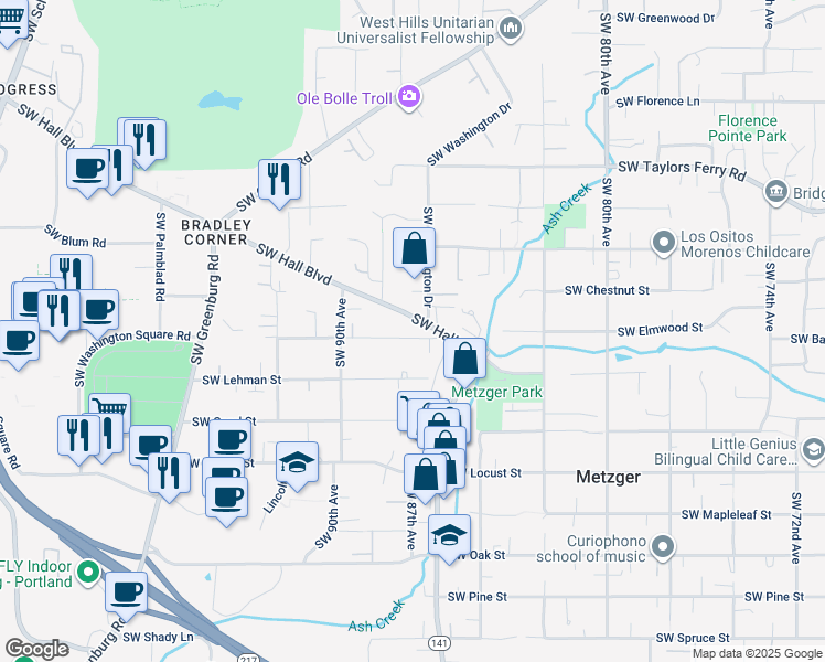 map of restaurants, bars, coffee shops, grocery stores, and more near 9555 Southwest Hall Boulevard in Portland