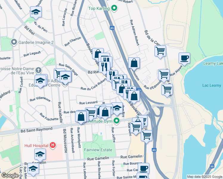 map of restaurants, bars, coffee shops, grocery stores, and more near in Gatineau